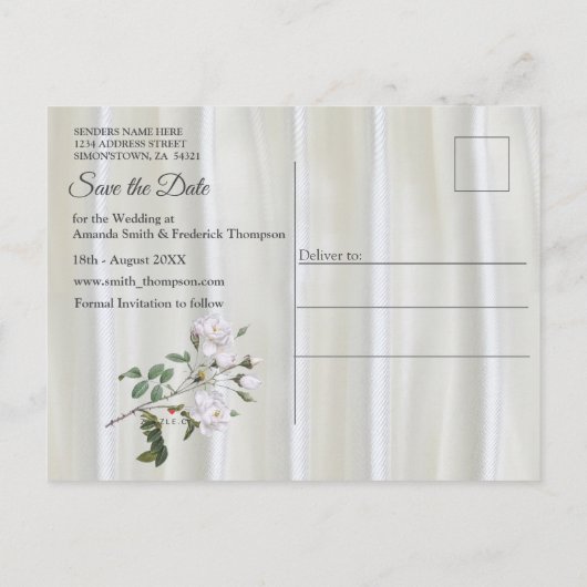 Witte aquarel Rozen geschilderd op Champagne Silk Aankondigingskaart (Achterkant)