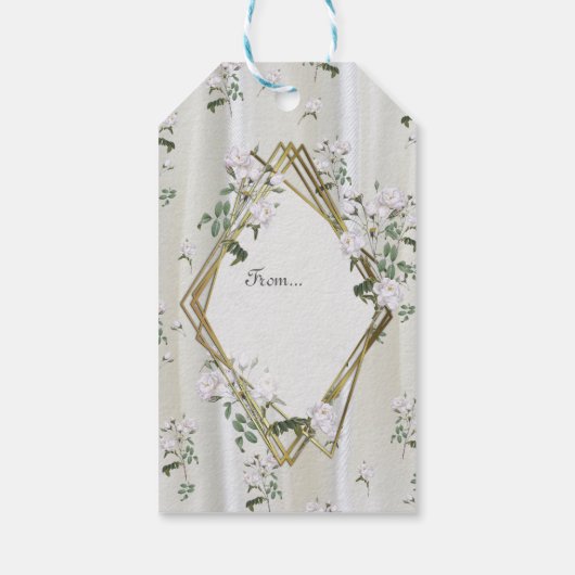 Witte aquarel Rozen geschilderd op Champagne Silk Cadeaulabel (Achterkant)