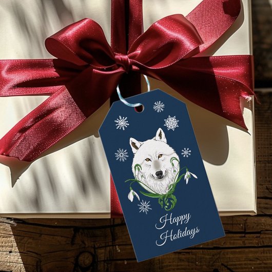 Witte Arctische Wolf Sneeuwklokbloemen Cadeaulabel