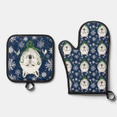 Witte Arctische Wolf Sneeuwklokbloemen Ovenwant & Pannenlap Set (Voorkant)