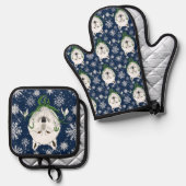 Witte Arctische Wolf Sneeuwklokbloemen Ovenwant & Pannenlap Set (Voorkant / Achterkant)