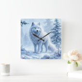Witte Arctische wolf winterlandschapsontwerp Vierkante Klok (Huis)