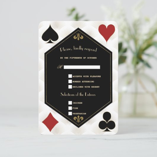 Witte Art Deco Gatsby Casino Vegas Poker Huwelijk  RSVP Kaartje (Staand voorkant)