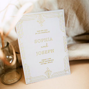 Witte Art Deco Goud Folie Save the Date Foto Uitnodiging