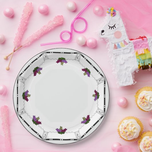 Witte Art Deco - Zwart, Zilver, Violet druiven gre Papieren Bordje (Feest)