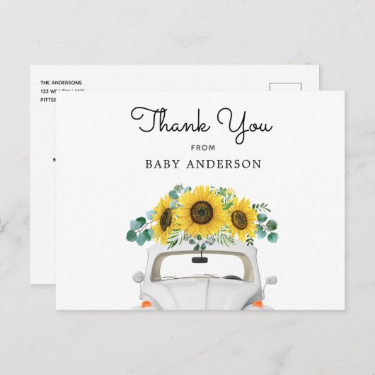 Witte auto en zonnebloemen dank u briefkaart (Voorkant / Achterkant)