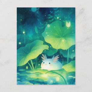 Witte Axolotl in Magische Nachtonderwaterlelies Po Briefkaart