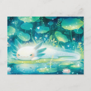 Witte Axolotl Rustend in Magische Teal Vijver Briefkaart