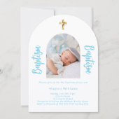 Witte baby blauwe foto boog script jongen Doop Kaart (Voorkant)