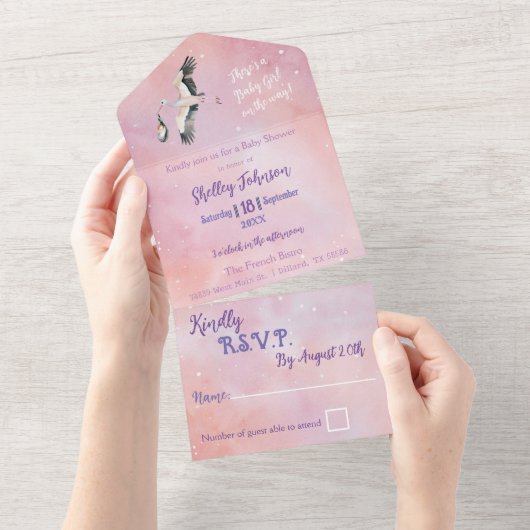 Witte Baby Meisje op de Weg Ooievaar Zonsondergang All In One Uitnodiging (Afscheurbaar)