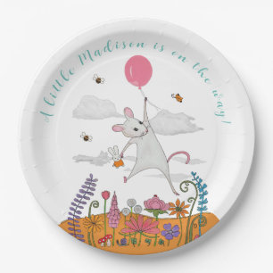 Witte baby muis met ballon baby shower papieren bordje