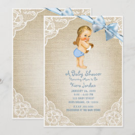 Witte babybeer met blauwe strik op jute baby showe kaart