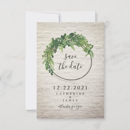 Witte baksteen geïnspireerde botanische save the d date (Voorkant)