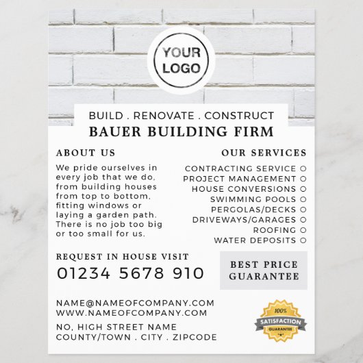 Witte bakstenen muur, bouwbedrijf, bouwmaterialen  flyer (Voorkant)