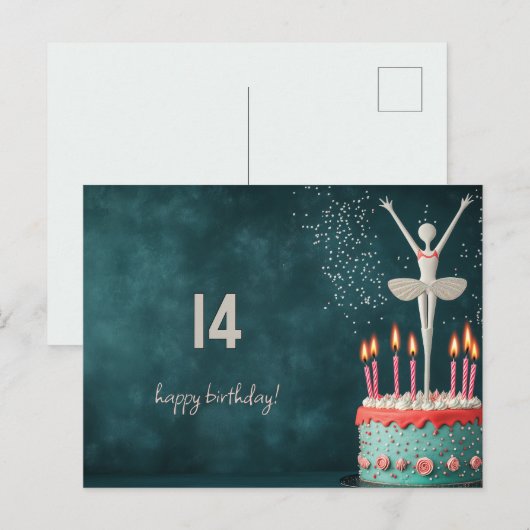 Witte ballerina verjaardagstaart briefkaart (Voorkant / Achterkant)