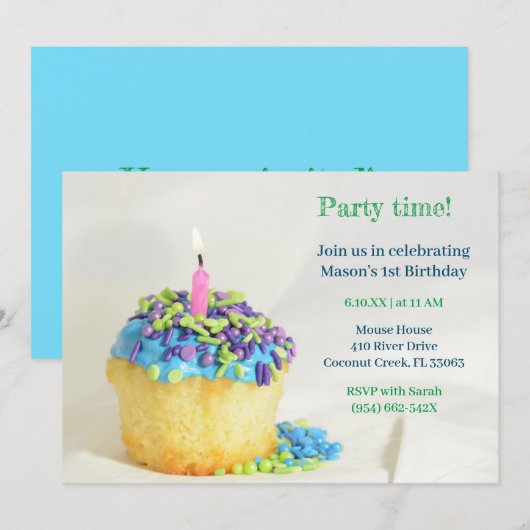 Witte Ballon blauwe cupcake Verjaardag Uitnodiging (Voorkant / Achterkant)