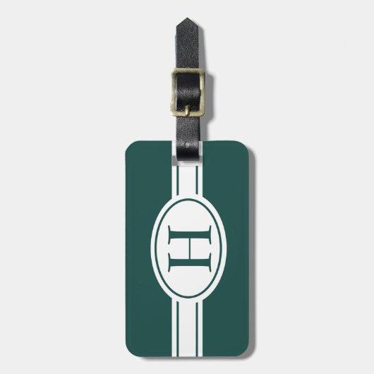 Witte band ovaal schild bos groen monogram bagagelabel (Voorkant verticaal)