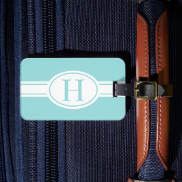 Witte band ovaal schild lichtblauw monogram bagagelabel