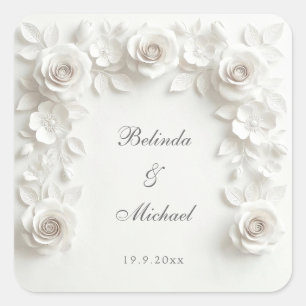 Witte Barokke Bloemrozen Frame Trouwen Vierkante Sticker