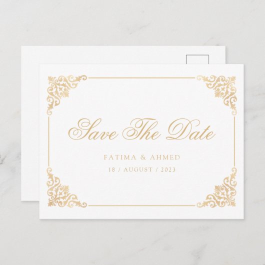 Witte barokke moslim bewaar de datumaankondiging aankondigingskaart (Voorkant / Achterkant)
