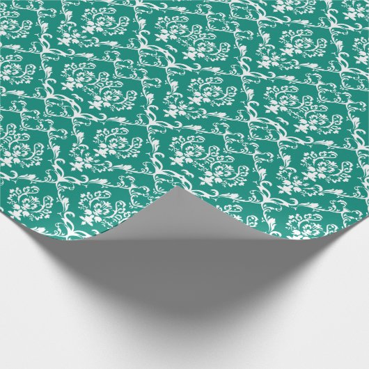 Witte Baroque Damascus Custom Blue-green Backgroun Cadeaupapier (Hoek)