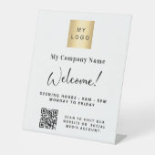 Witte bedrijfsnaam openingstijden QR-code Reclamebord Met Voetstuk (Voorkant)