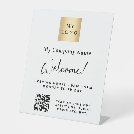 Witte bedrijfsnaam openingstijden QR-code Reclamebord Met Voetstuk (Voorkant)