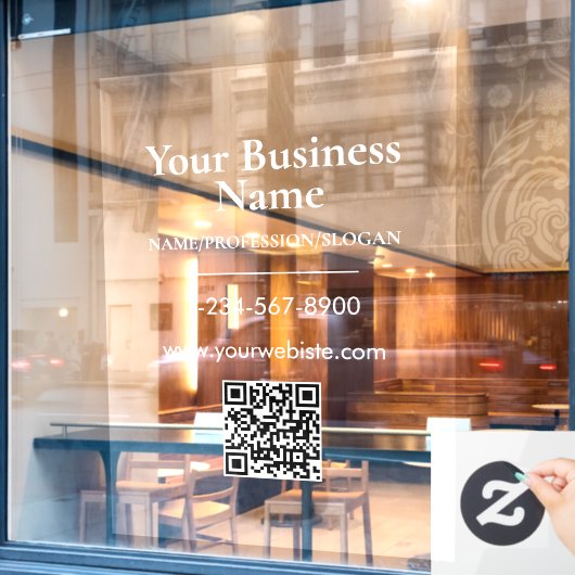 Witte bedrijfsnaam winkelpui QR-code contactgegeve Raamsticker (Cafe Raam)
