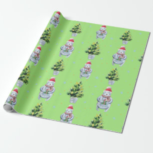 Witte beer die een cadeau en groene boom vasthoudt cadeaupapier