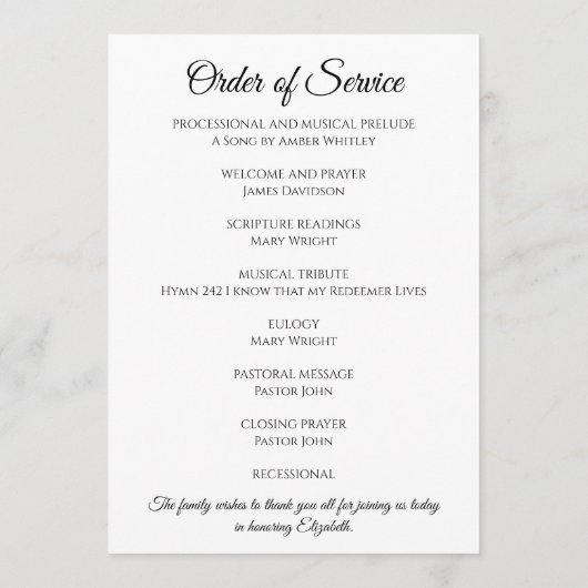 Witte begrafenis of viering van het leven programmakaart (Achterkant)