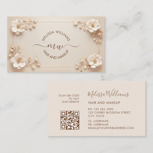 Witte Beige 3D Bloemen Initialen Visitekaartje (Voorkant / Achterkant)