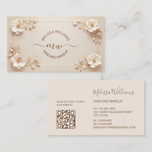 Witte Beige 3D Bloemen Initialen Visitekaartje (Voorkant / Achterkant)
