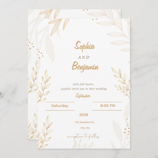 Witte Beige Elegante Bloemen Bruiloft Uitnodiging (Voorkant / Achterkant)