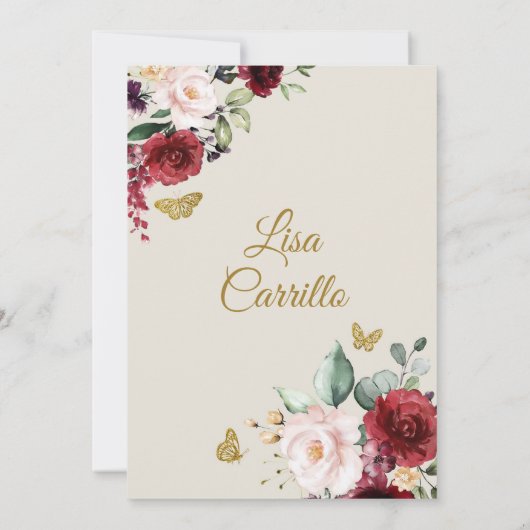 Witte Beige en Marsala Vlinder Mis Quince Kaart (Achterkant)