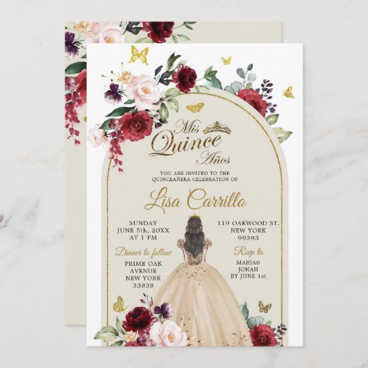 Witte Beige en Marsala Vlinder Mis Quince Kaart (Voorkant / Achterkant)