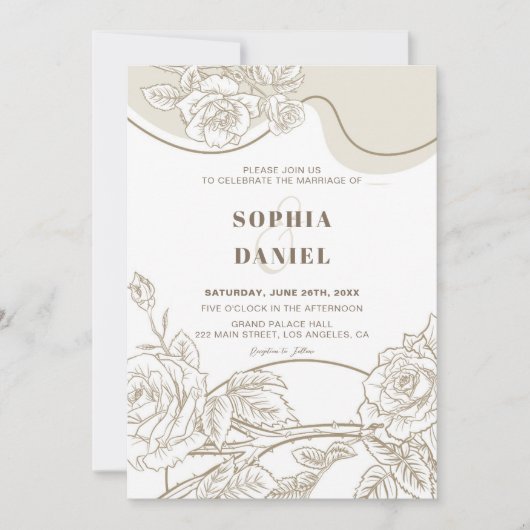 Witte & Beige Rozen Huwelijksuitnodiging Kaart (Voorkant)