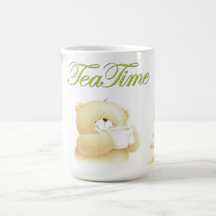 Witte beker met een teddybeer en bloemen. koffiemok