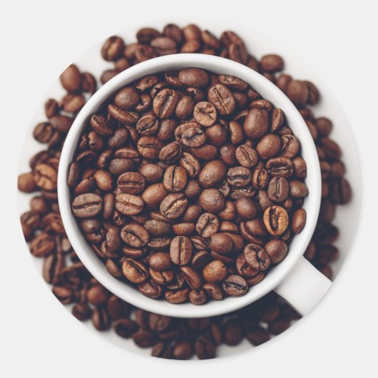 Witte beker vol gebrande koffiebonen ronde sticker (Voorkant)