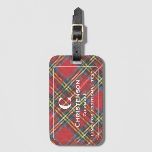 Witte belettering op Red Stewart Tartan Plaid Prin Bagagelabel (Voorkant (verticaal))