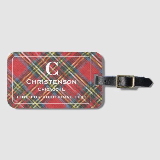 Witte belettering op Red Stewart Tartan Plaid Prin Bagagelabel (Voorkant (horizontaal))