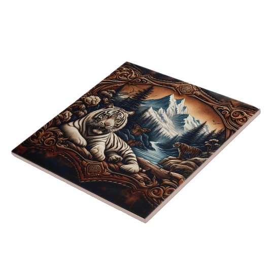 Witte Bengaalse tijger rust door bergstroom Tegeltje (Zijkant)