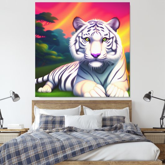 Witte Bengaalse Tijger tegen zonsondergang achterg Canvas Afdruk (Insitu (Slaapkamer))
