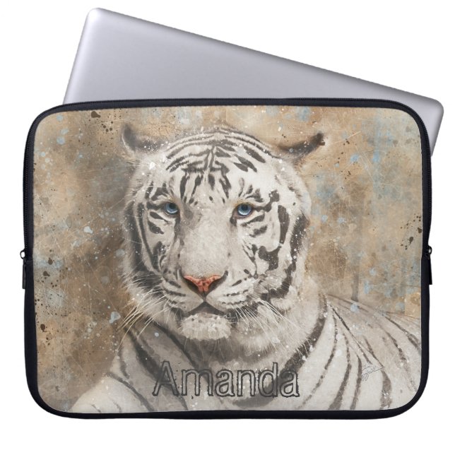 Witte Bengaalse tijger Waterverf monogram Laptop Sleeve (Voorkant)
