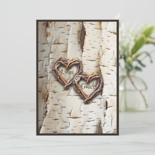 Witte berk boom bast rustieke stok harten kaart (Staand voorkant)