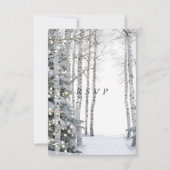 Witte berken dennenbomen winterlichten sterren RSVP kaartje (Voorkant)