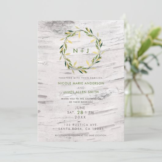 Witte Berken Hout Rustiek Land Krans Bruiloft Kaart (Staand voorkant)