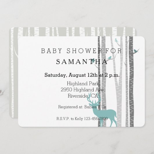 Witte berkenbomen met herten en vogels baby shower kaart (Voorkant / Achterkant)