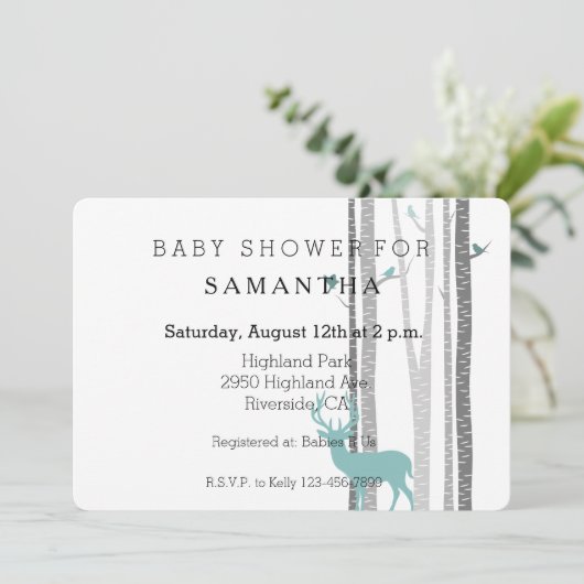 Witte berkenbomen met herten en vogels baby shower kaart (Staand voorkant)