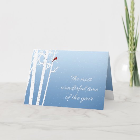 Witte berkenbomen, rode kardinaal, sneeuwval feestdagen kaart (Voorkant)