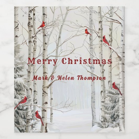 Witte berkenbomen Winter Forest rode kardinalen Wijn Etiket (Enkel label)